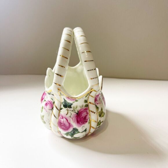 Formalities by Baum Bros Pink Rose White Basket Vase Small Porcelain Glass - Picture 4 of 16